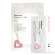 Babyplan Pregnancy Test Strip i hvit pose for fem tester, med en enkeltpakket strimmel og en teststrimmel ved siden av