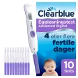 Eske med Clearblue Eggløsningstest Advanced Digital 10 tests, med digital holder og ti lilla testpinner ved siden av