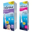 Eske med Clearblue Digital Eggløsningstest 10 tester ved siden av en eske med Clearblue Graviditetstest Rask Deteksjon 1 test