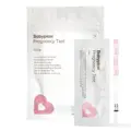 Babyplan Pregnancy Test Strip i hvit pose for fem tester, med en enkeltpakket strimmel og en teststrimmel ved siden av