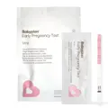 Babyplan Early Pregnancy Test Strip i hvit pose for ti tester, med en enkeltpakket strimmel og teststrimmelen ved siden av