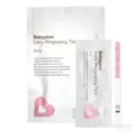 Babyplan Early Pregnancy Test Strip i hvit pose for fem tester, med en enkeltpakket strimmel og teststrimmelen ved siden av