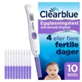 Eske med Clearblue Eggløsningstest Advanced Digital 10 tests, med digital holder og ti lilla testpinner ved siden av