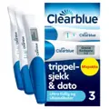 Clearblue trippel-sjekk og dato i blå eske, med to vanlige teststaver og én digital teststav ved siden av