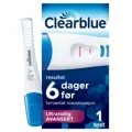 Clearblue Ultratidlig Avansert i blå eske for én test, med en hvit og blå teststav ved siden av