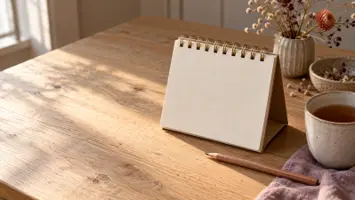 En bordkalender med blanke sider på et kjøkkenbord av lyst tre, med en blyant, en kopp te og noen tørkede blomster i vinduslys