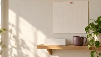 En kalenderside med blanke ruter på en lys vegg over en liten hylle med en umerket eske, en keramikkopp og en grønn plante, i rolig dagslys