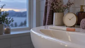 En umerket graviditetstest med hette ligger på kanten av en hvit vask ved siden av en liten klokke, med blågrått morgenlys gjennom vinduet