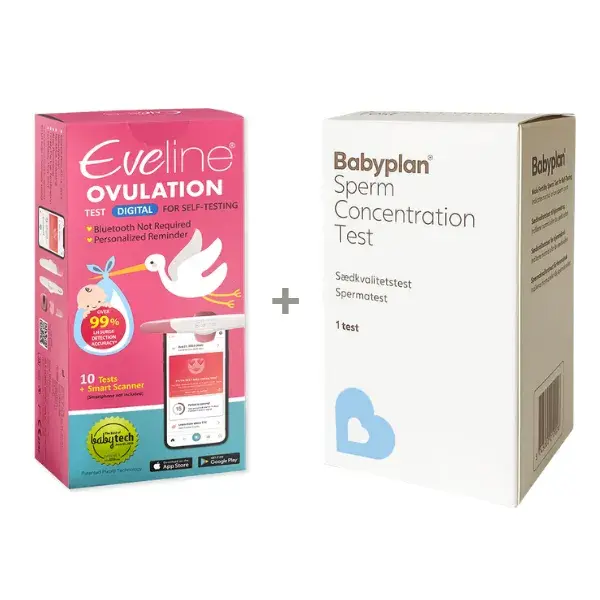 Rosa Eveline Ovulation-eske og hvit Babyplan Sperm Concentration Test-eske side om side med et plusstegn mellom