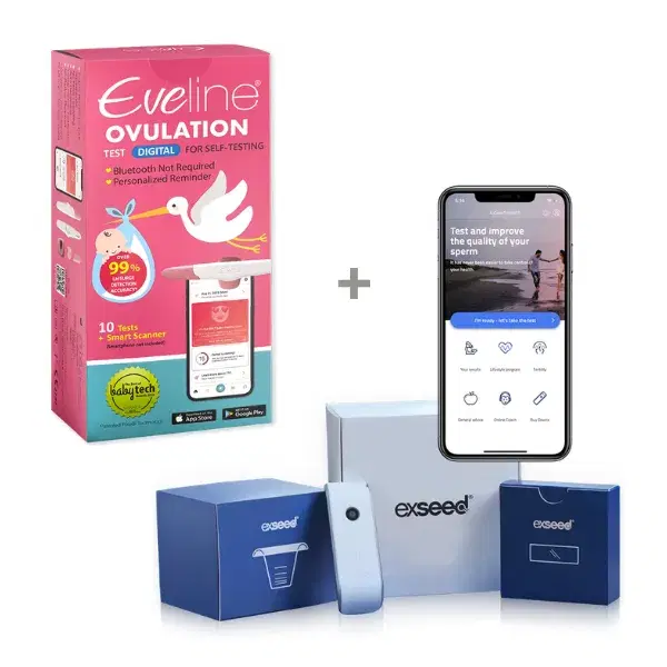 Rosa Eveline Ovulation-eske ved siden av ExSeed-esker, analyseenhet og en mobiltelefon med ExSeed-appen