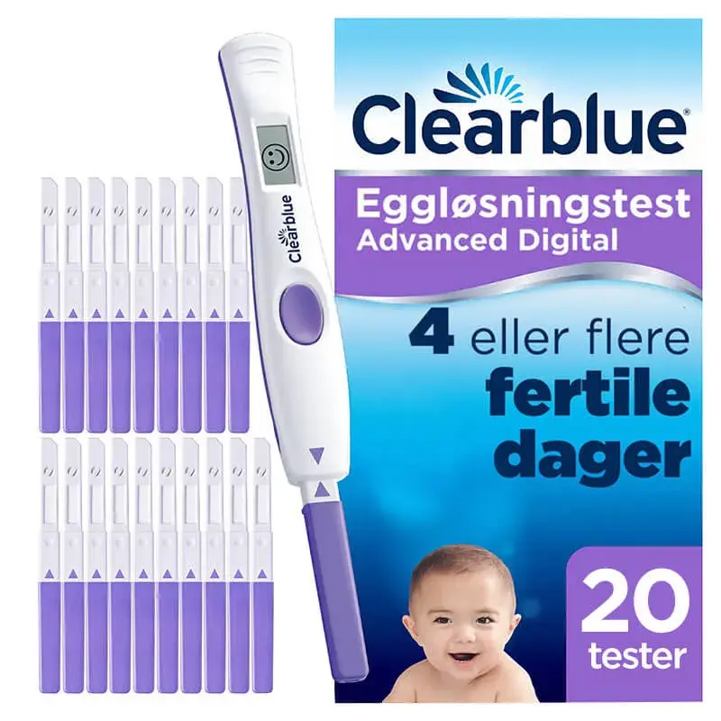 Eske med Clearblue Eggløsningstest Advanced Digital 20 tester, med digital holder og tjue lilla testpinner