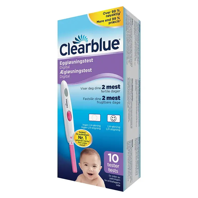 Eske med Clearblue Digital Eggløsningstest med 10 tester, med den digitale holderen avbildet på forsiden