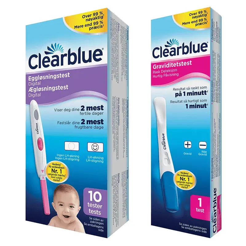 Eske med Clearblue Digital Eggløsningstest 10 tester ved siden av en eske med Clearblue Graviditetstest Rask Deteksjon 1 test