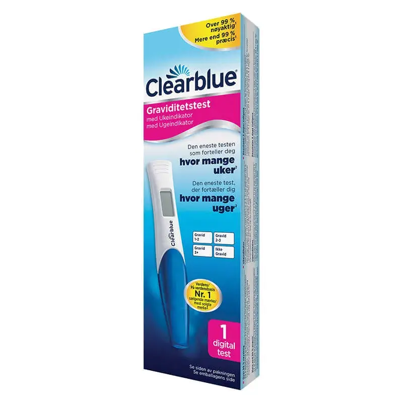 Clearblue Graviditetstest med Ukeindikator i blå eske med én digital test, med en digital teststav avbildet på forsiden