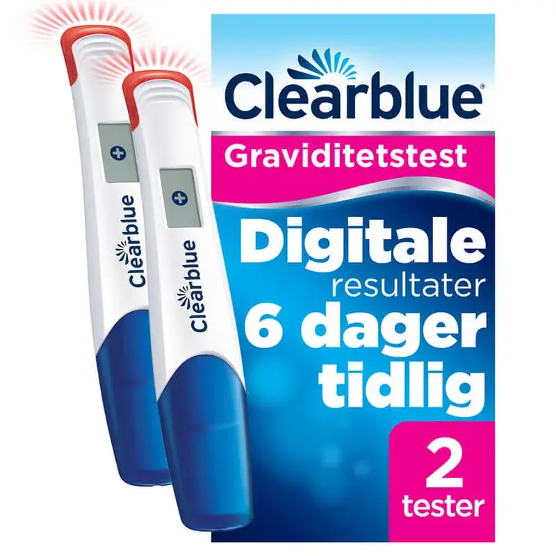 Clearblue digital graviditetstest i blå og rosa eske for to tester, med to digitale staver med rød hette ved siden av