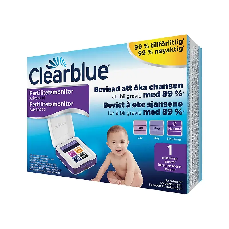 Eske med Clearblue Fertilitetsmonitor Advanced med et bilde av monitoren med berøringsskjerm på forsiden