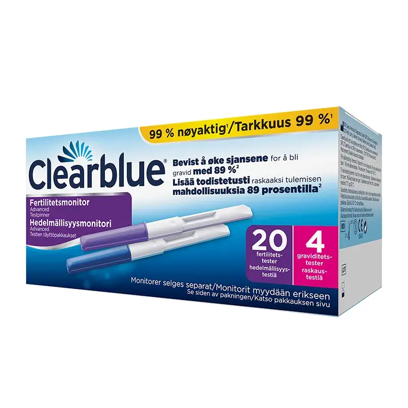 Eske med testpinner til Clearblue Fertilitetsmonitor Advanced, merket 20 fertilitetstester og 4 graviditetstester, med to testpinner