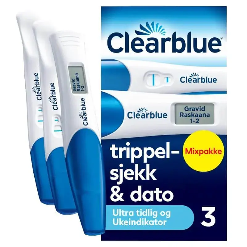 Clearblue trippel-sjekk og dato i blå eske, med to vanlige teststaver og én digital teststav ved siden av