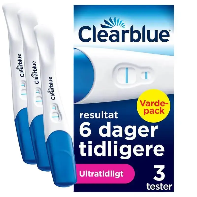 Clearblue Ultratidlig i blå eske for tre tester, med tre hvite og blå teststaver ved siden av