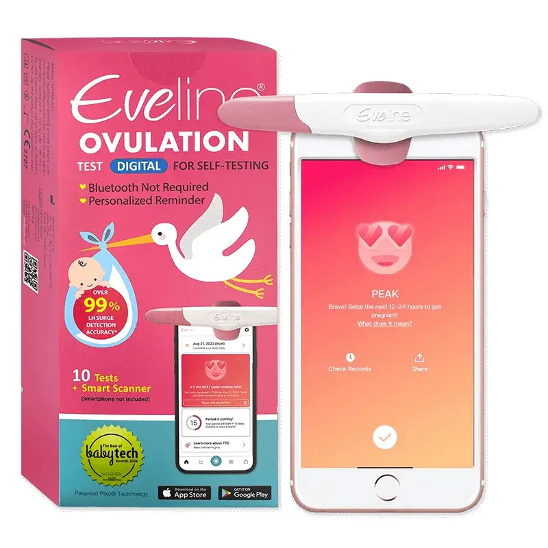 Rosa eske med Eveline Ovulation Digital, og en hvit og rosa skanner festet på en mobiltelefon som viser Eveline-appen