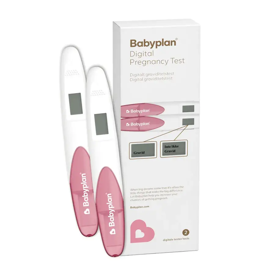 Babyplan Digital Pregnancy Test i hvit eske for to tester, med to hvite og rosa digitale tester ved siden av