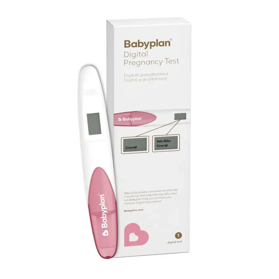 Babyplan Digital Pregnancy Test i hvit eske for én test, med den hvite og rosa digitale testen ved siden av