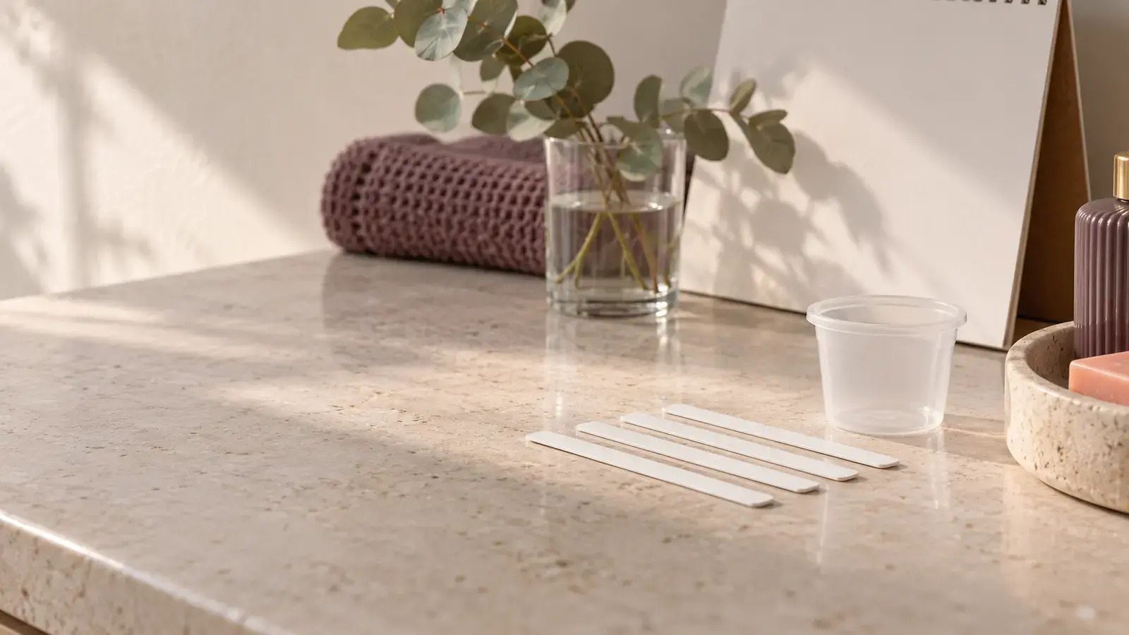 Noen tynne, umerkede teststrimler og et lite plastbeger på en lys steinbenk på badet, med en kalender, et håndkle og en eukalyptuskvist i et glass
