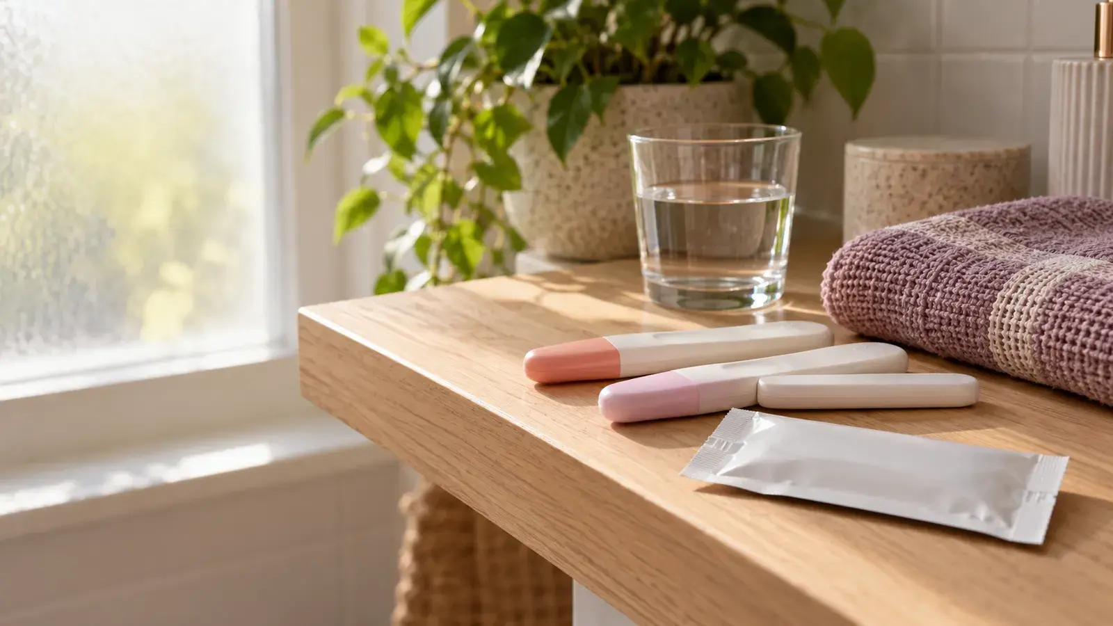 Noen umerkede graviditetstester i hvitt og rosa og en liten foliepose på en lys eikehylle på badet, ved siden av et sammenbrettet håndkle, et glass vann og en grønn plante i morgenlys