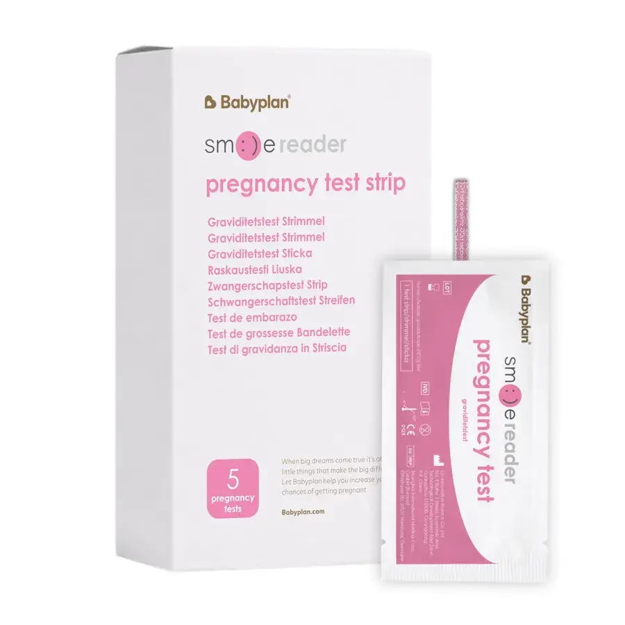 Babyplan SmileReader pregnancy test strip i hvit og rosa eske for fem tester, med en enkeltpakket strimmel ved siden av
