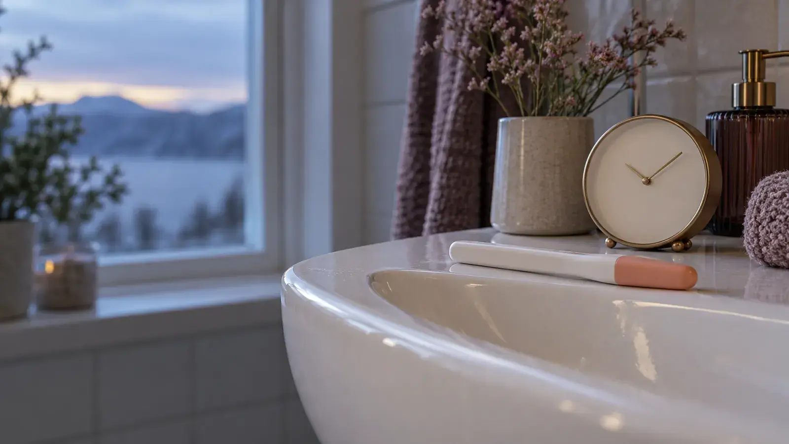 En umerket graviditetstest med hette ligger på kanten av en hvit vask ved siden av en liten klokke, med blågrått morgenlys gjennom vinduet
